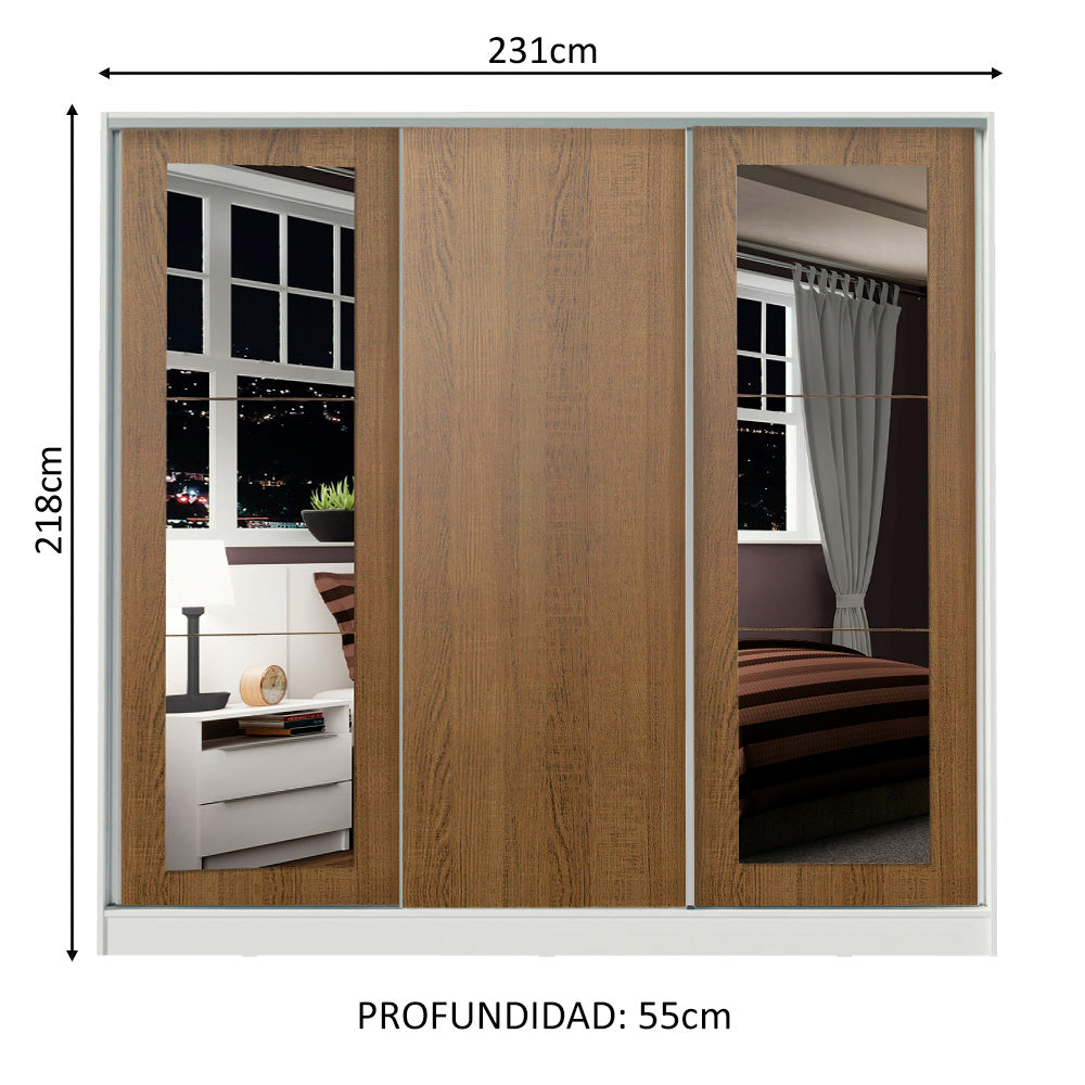 Clóset Matrimonial 100% MDF 3 Puertas Corredizas con Espejos Blanco/Marrón Eros