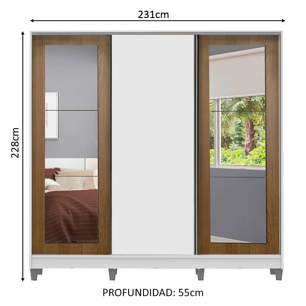 Clóset Matrimonial 100% MDF 3 Puertas Corredizas con Espejos Blanco/Marrón con Patas Eros