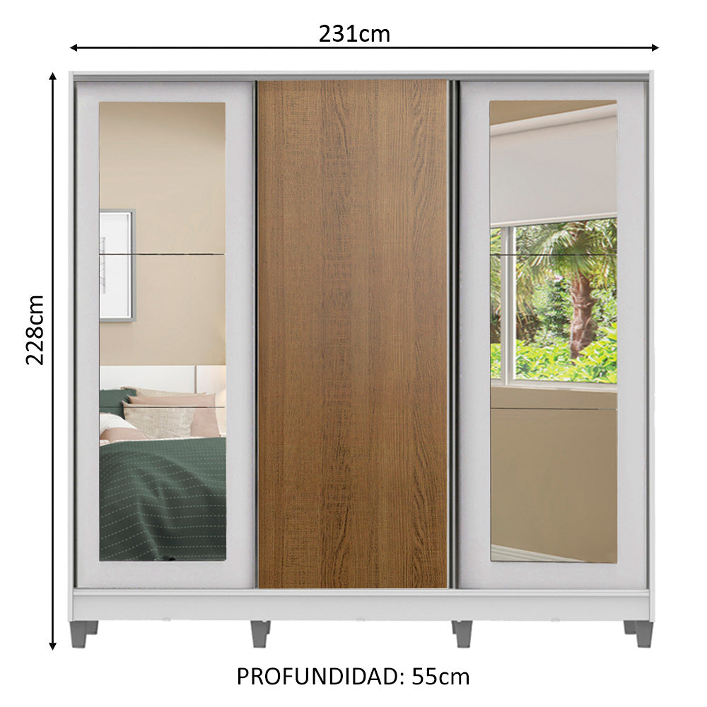 Clóset Matrimonial 100% MDF 3 Puertas Corredizas con Espejos Blanco/Marrón con Patas Eros
