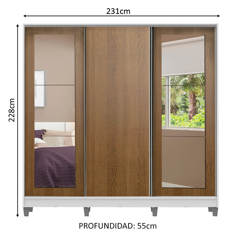 Clóset Matrimonial 100% MDF 3 Puertas Corredizas con Espejos Blanco/Marrón con Patas Eros