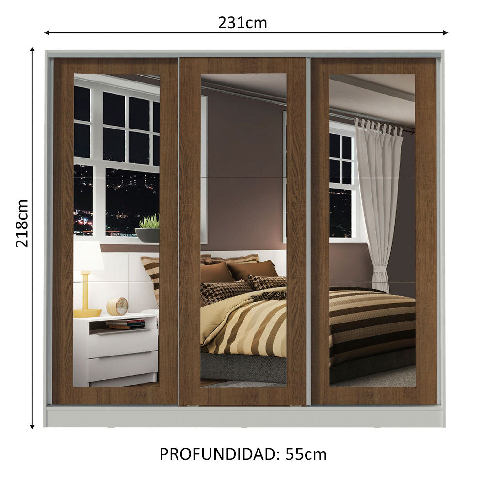 Clóset Matrimonial 100% MDF 3 Puertas Corredizas con Espejos Blanco/Marrón Eros