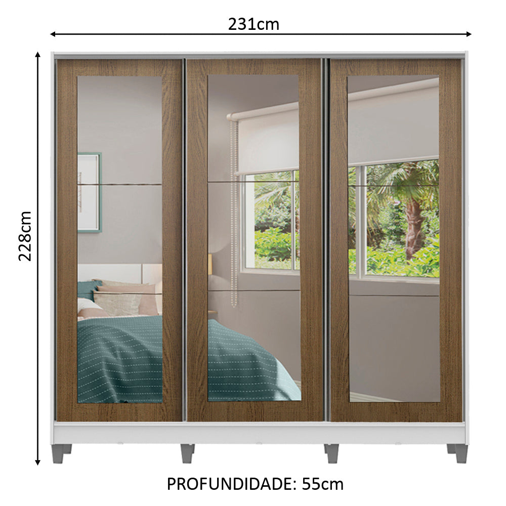 Clóset Matrimonial 100% MDF 3 Puertas Corredizas con Espejos Blanco/Marrón con Patas Eros