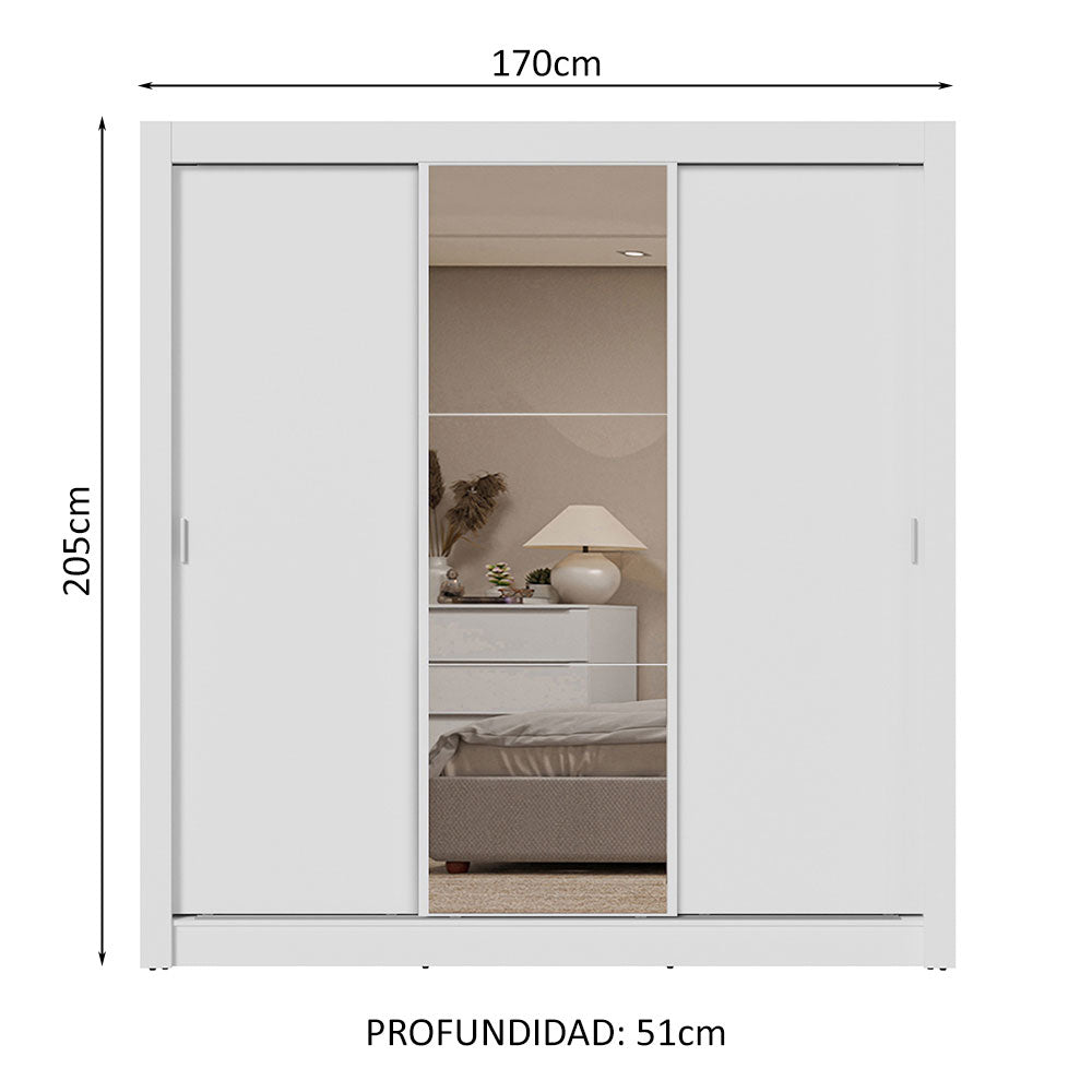Clóset Matrimonial 3 Puertas Corredizas con Espejo 2 Cajones Blanco Sublime