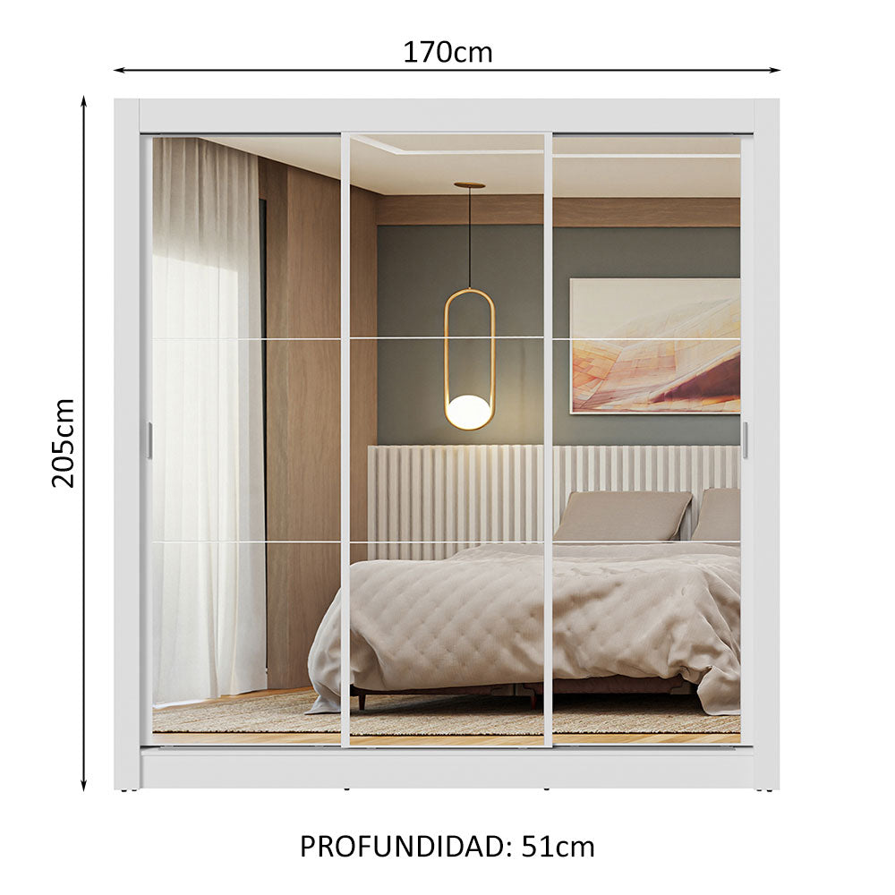 Clóset Matrimonial 3 Puertas Corredizas de Espejo Blanco Nobre