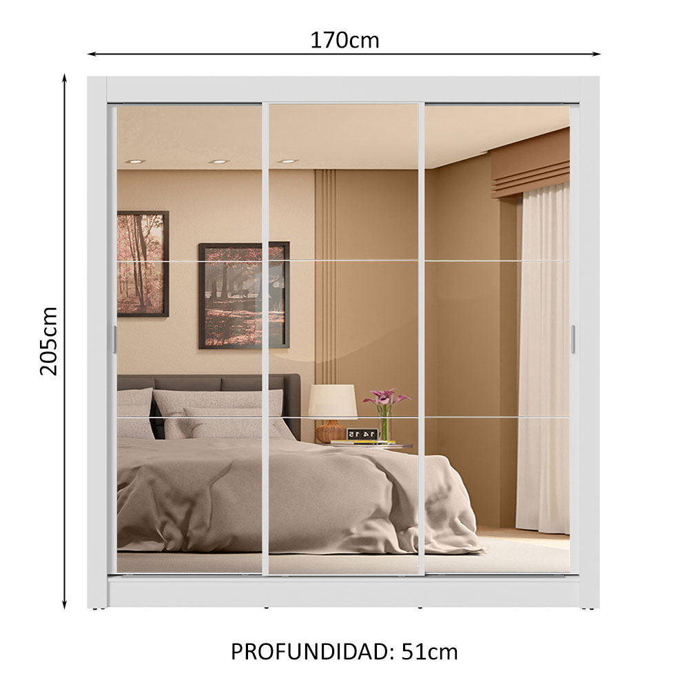 Clóset Matrimonial 3 Puertas Corredizas de Espejo 4 Cajones Blanco Sublime Plus
