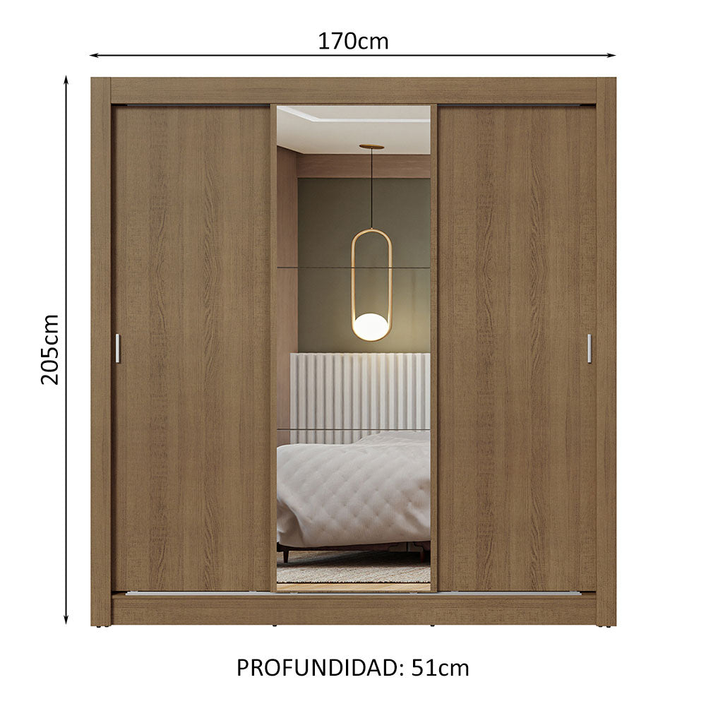 Clóset Matrimonial 3 Puertas Corredizas con Espejo Marrón Nobre
