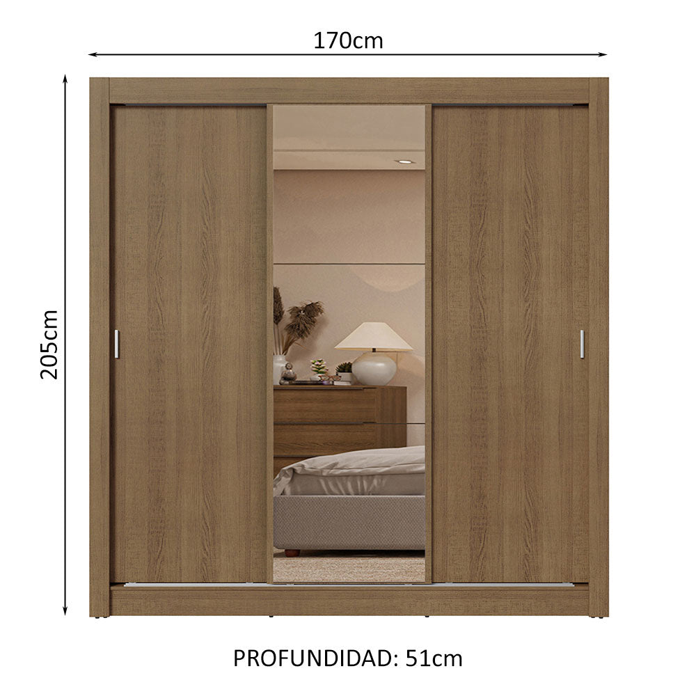 Clóset Matrimonial 3 Puertas Corredizas con Espejo 2 Cajones Marrón Sublime