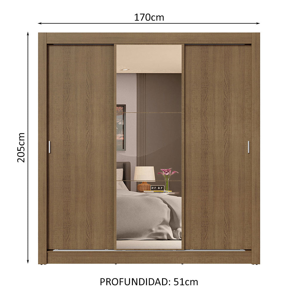 Clóset Matrimonial 3 Puertas Corredizas con Espejo 4 Cajones Marrón Sublime Plus