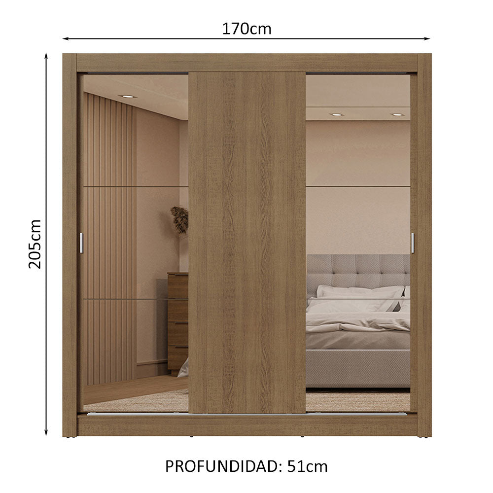 Clóset Matrimonial 3 Puertas Corredizas con Espejos 2 Cajones Marrón Sublime