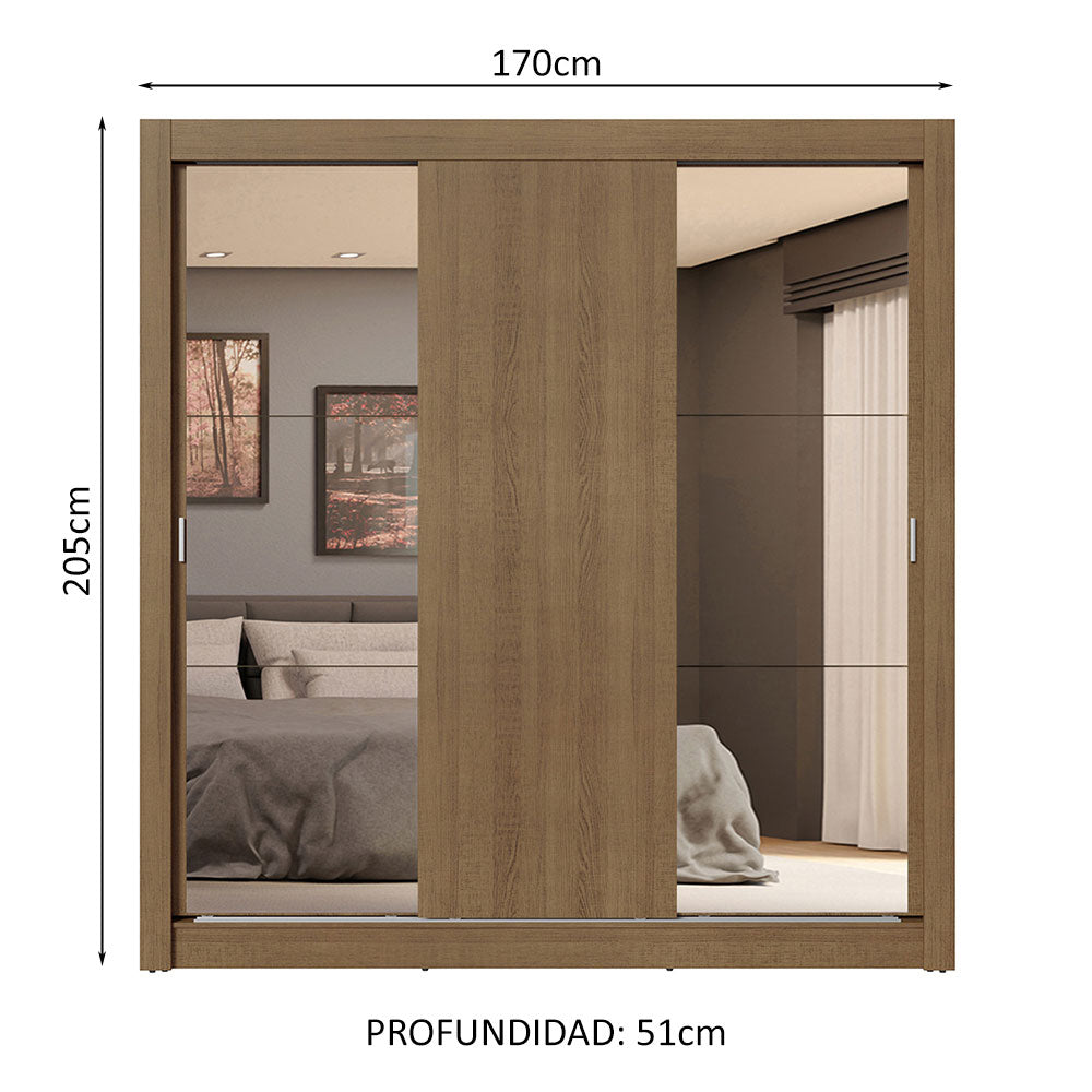 Clóset Matrimonial 3 Puertas Corredizas con Espejos 4 Cajones Marrón Sublime Plus