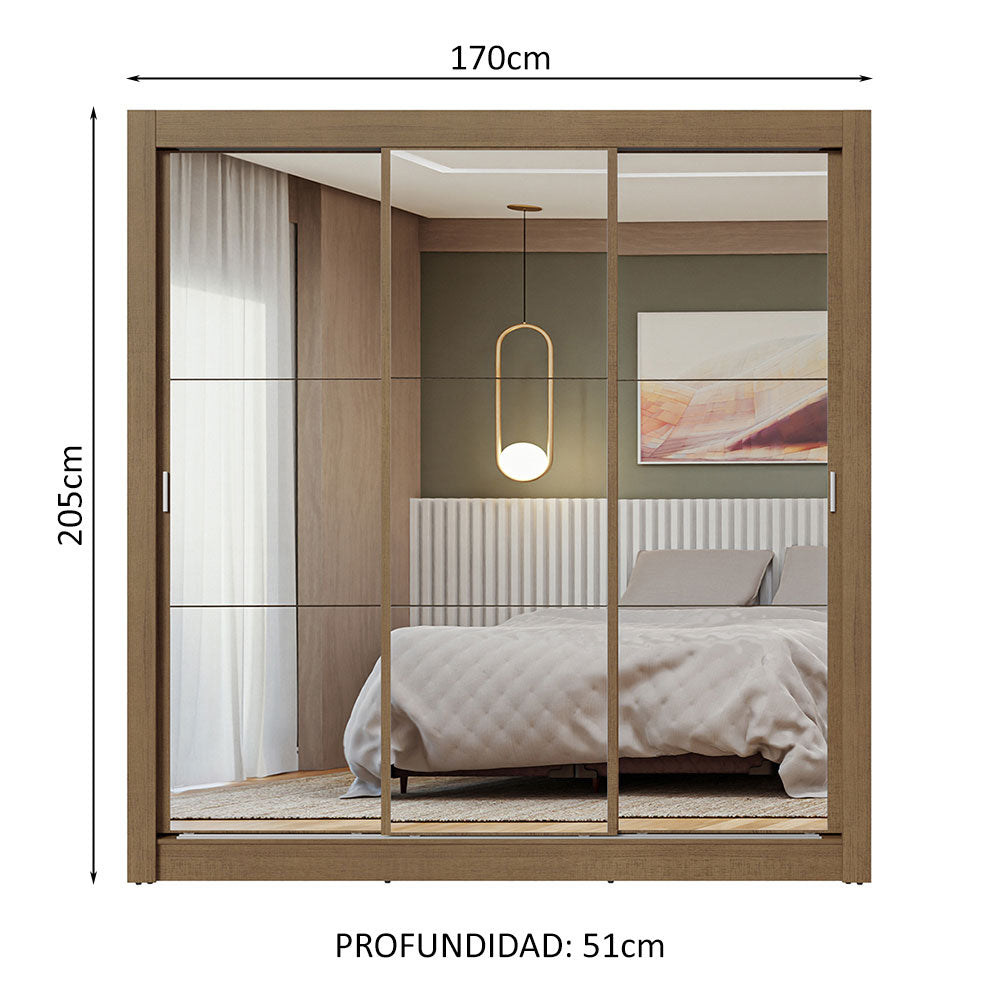 Clóset Matrimonial 3 Puertas Corredizas de Espejo Marrón Nobre