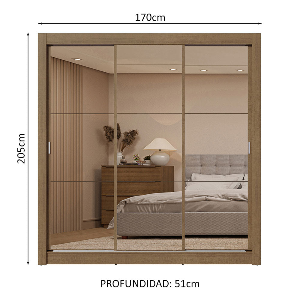 Clóset Matrimonial 3 Puertas Corredizas de Espejo 2 Cajones Marrón Sublime