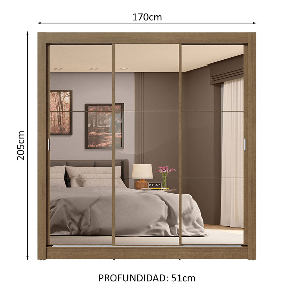 Clóset Matrimonial 3 Puertas Corredizas de Espejo 4 Cajones Marrón Sublime Plus