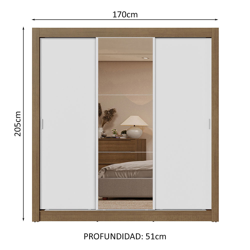 Clóset Matrimonial 3 Puertas Corredizas con Espejo 2 Cajones Marrón/Blanco Sublime
