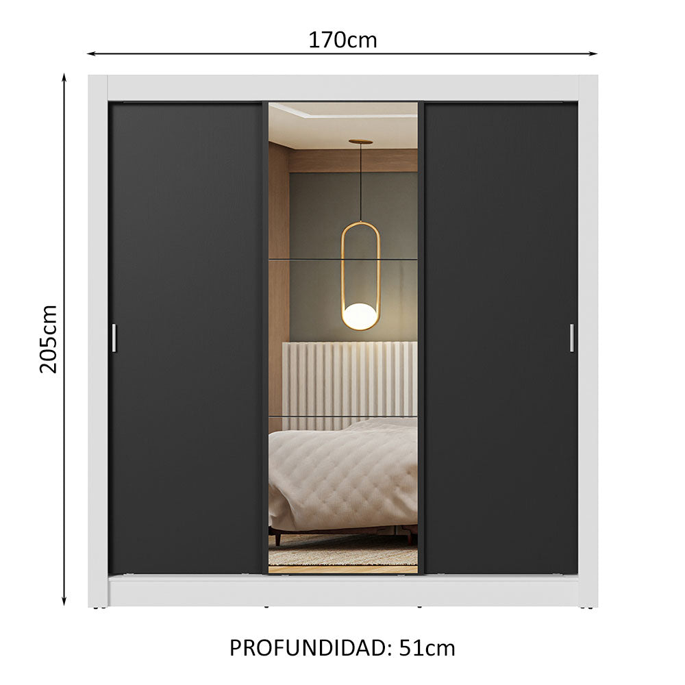 Clóset Matrimonial 3 Puertas Corredizas con Espejo Blanco/Negro Nobre