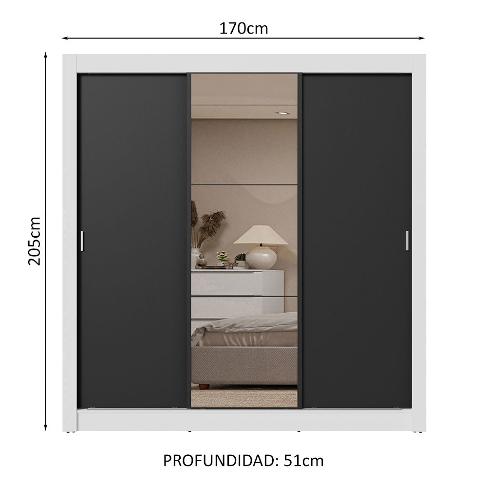 Clóset Matrimonial 3 Puertas Corredizas con Espejo 2 Cajones Blanco/Negro Sublime