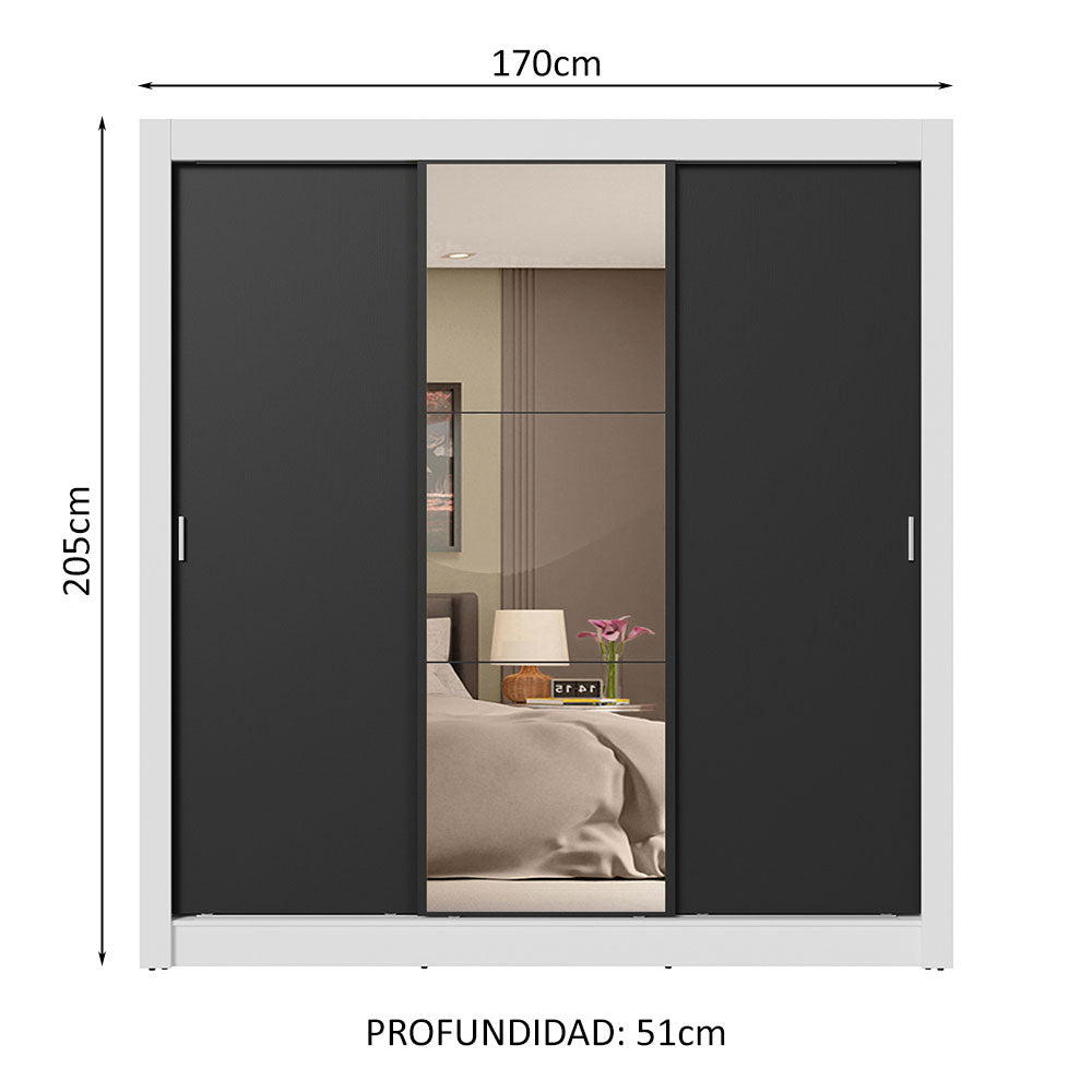 Clóset Matrimonial 3 Puertas Corredizas con Espejo 4 Cajones Blanco/Negro Sublime Plus