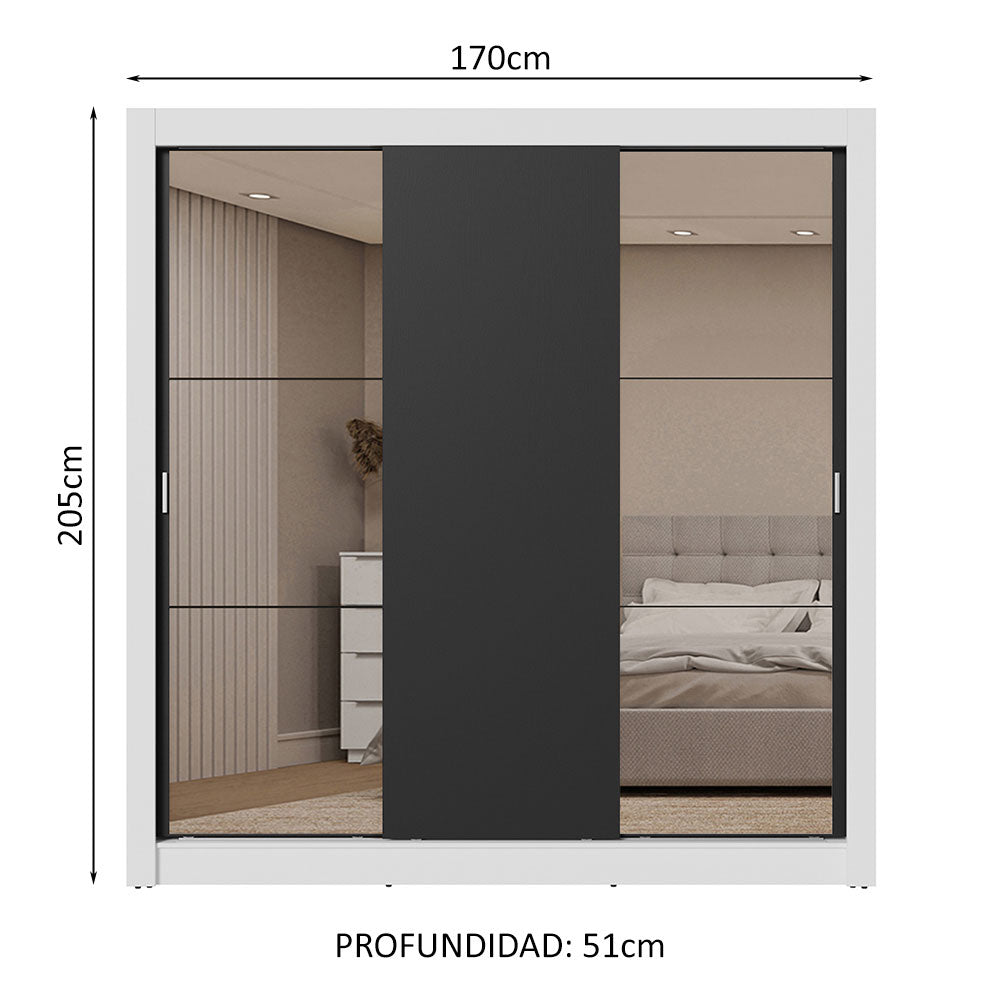 Clóset Matrimonial 3 Puertas Corredizas con Espejos 2 Cajones Blanco/Negro Sublime