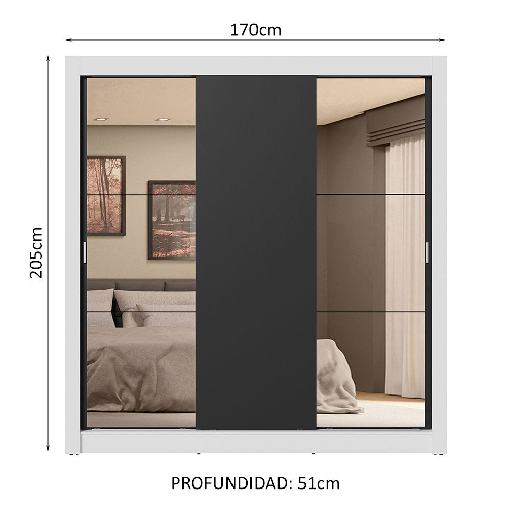 Clóset Matrimonial 3 Puertas Corredizas con Espejos 4 Cajones Blanco/Negro Sublime Plus