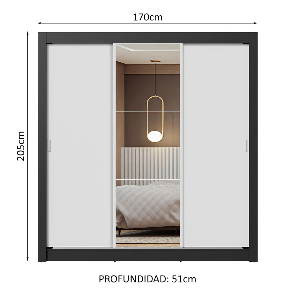 Clóset Matrimonial 3 Puertas Corredizas con Espejo Negro/Blanco Nobre