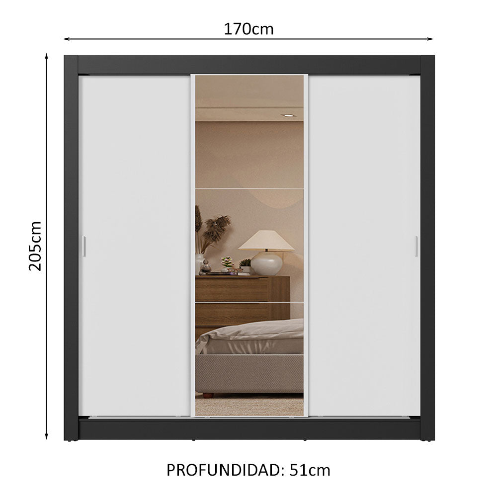 Clóset Matrimonial 3 Puertas Corredizas con Espejo 2 Cajones Negro/Blanco Sublime