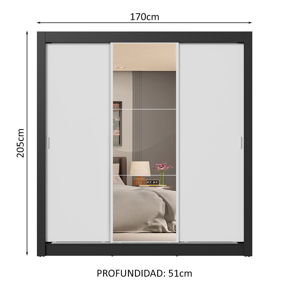 Clóset Matrimonial 3 Puertas Corredizas con Espejo 4 Cajones Negro/Blanco Sublime Plus