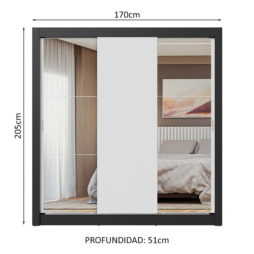 Clóset Matrimonial 3 Puertas Corredizas con Espejos Negro/Blanco Nobre