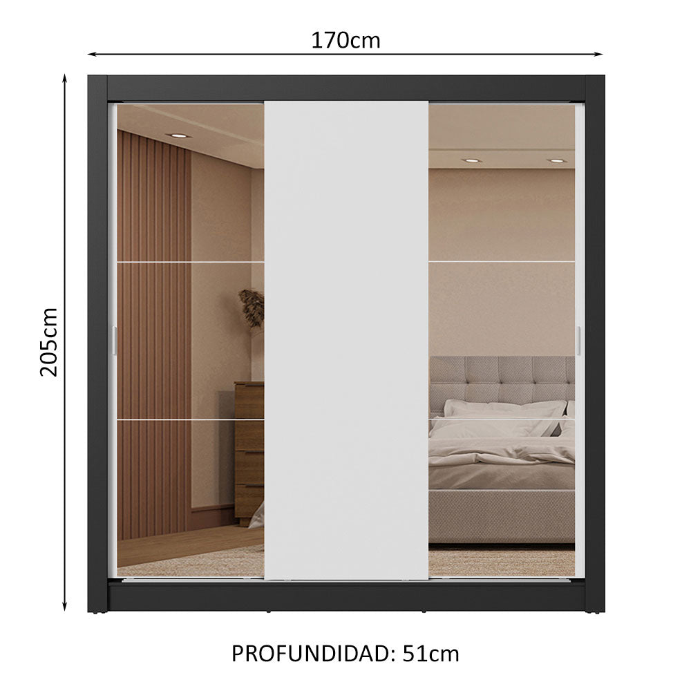 Clóset Matrimonial 3 Puertas Corredizas con Espejos 2 Cajones Negro/Blanco Sublime
