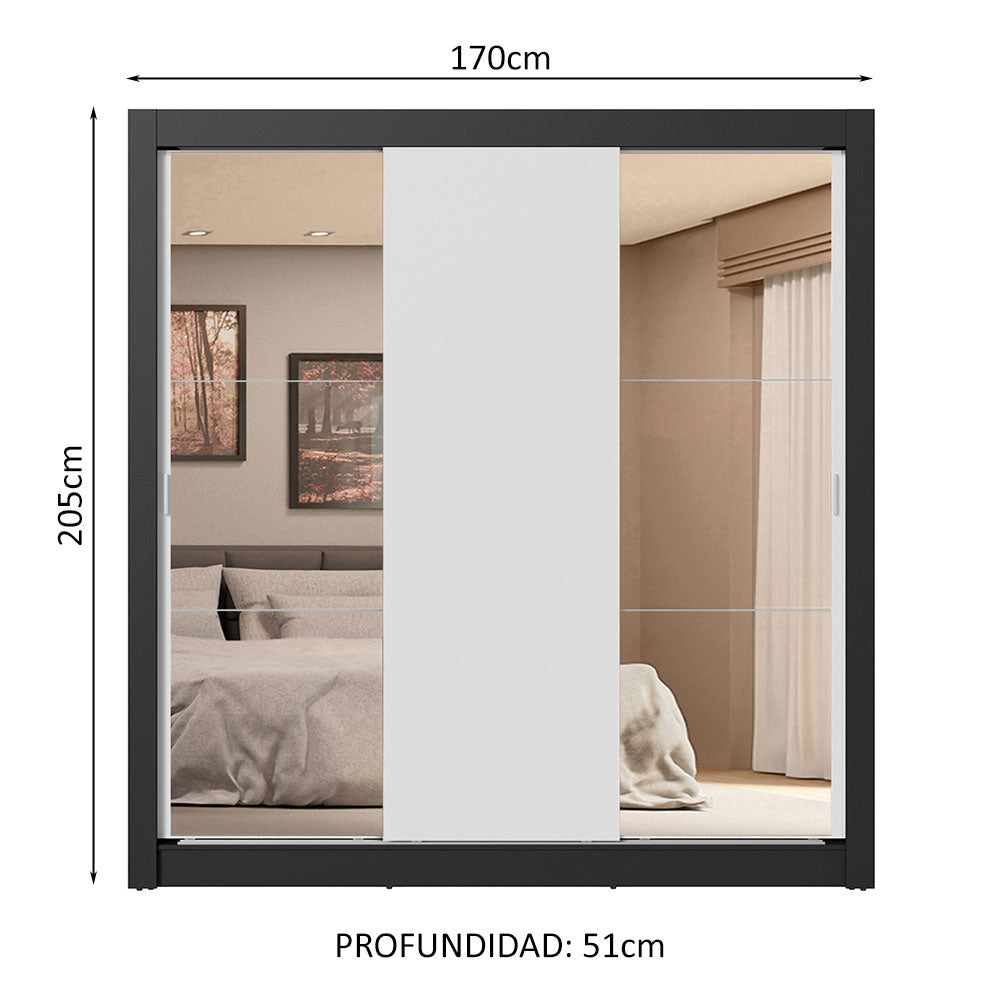 Clóset Matrimonial 3 Puertas Corredizas con Espejos 4 Cajones Negro/Blanco Sublime Plus