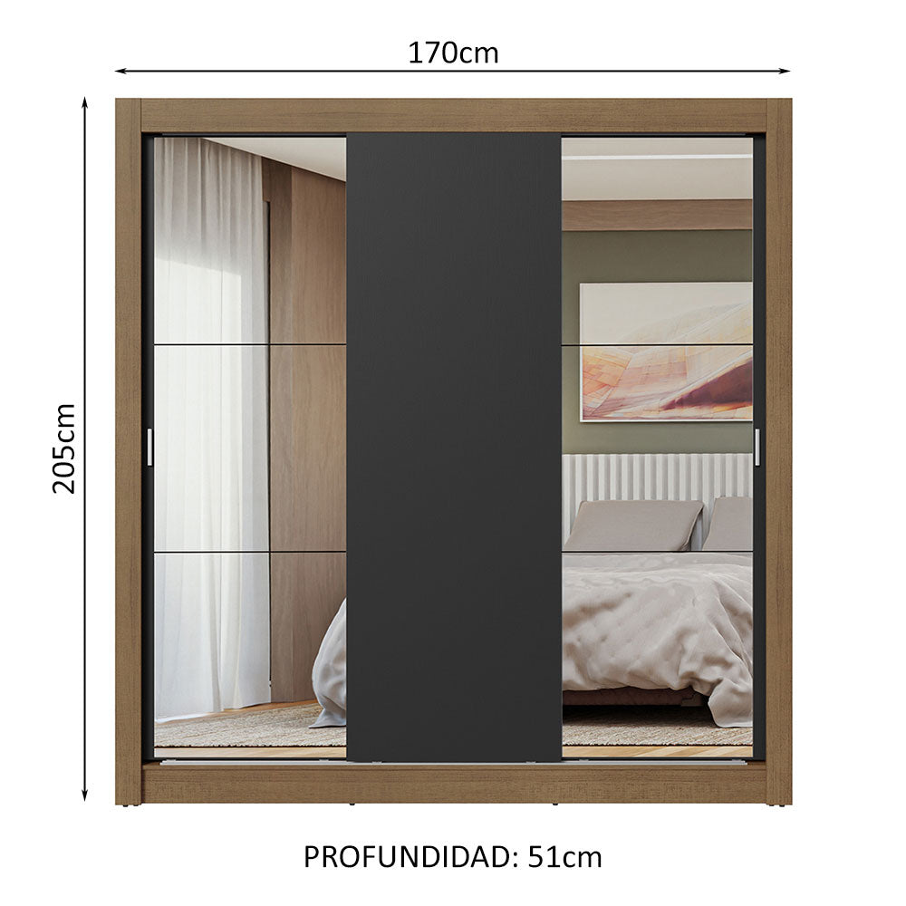 Clóset Matrimonial 3 Puertas Corredizas con Espejos Marrón/Negro Nobre