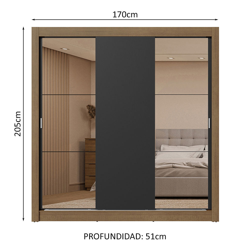 Clóset Matrimonial 3 Puertas Corredizas con Espejos 2 Cajones Marrón/Negro Sublime