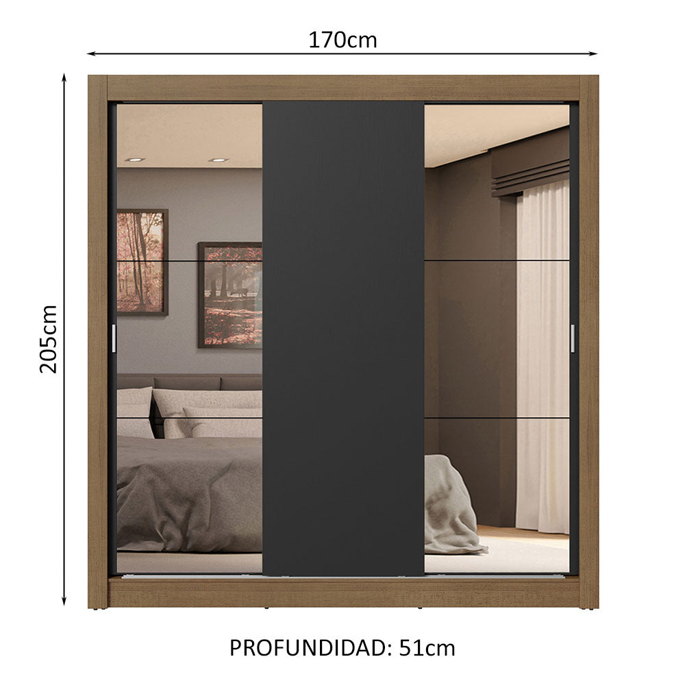 Clóset Matrimonial 3 Puertas Corredizas con Espejos 4 Cajones Marrón/Negro Sublime Plus