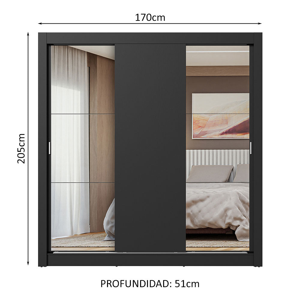 Clóset Matrimonial 3 Puertas Corredizas con Espejos Negro Nobre