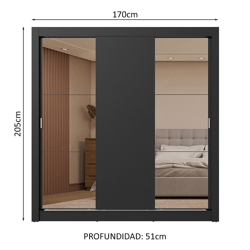 Clóset Matrimonial 3 Puertas Corredizas con Espejos 2 Cajones Negro Sublime
