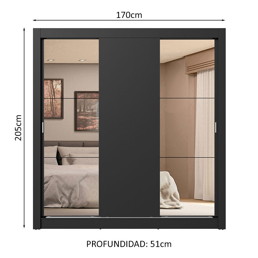 Clóset Matrimonial 3 Puertas Corredizas con Espejos 4 Cajones Negro Sublime Plus