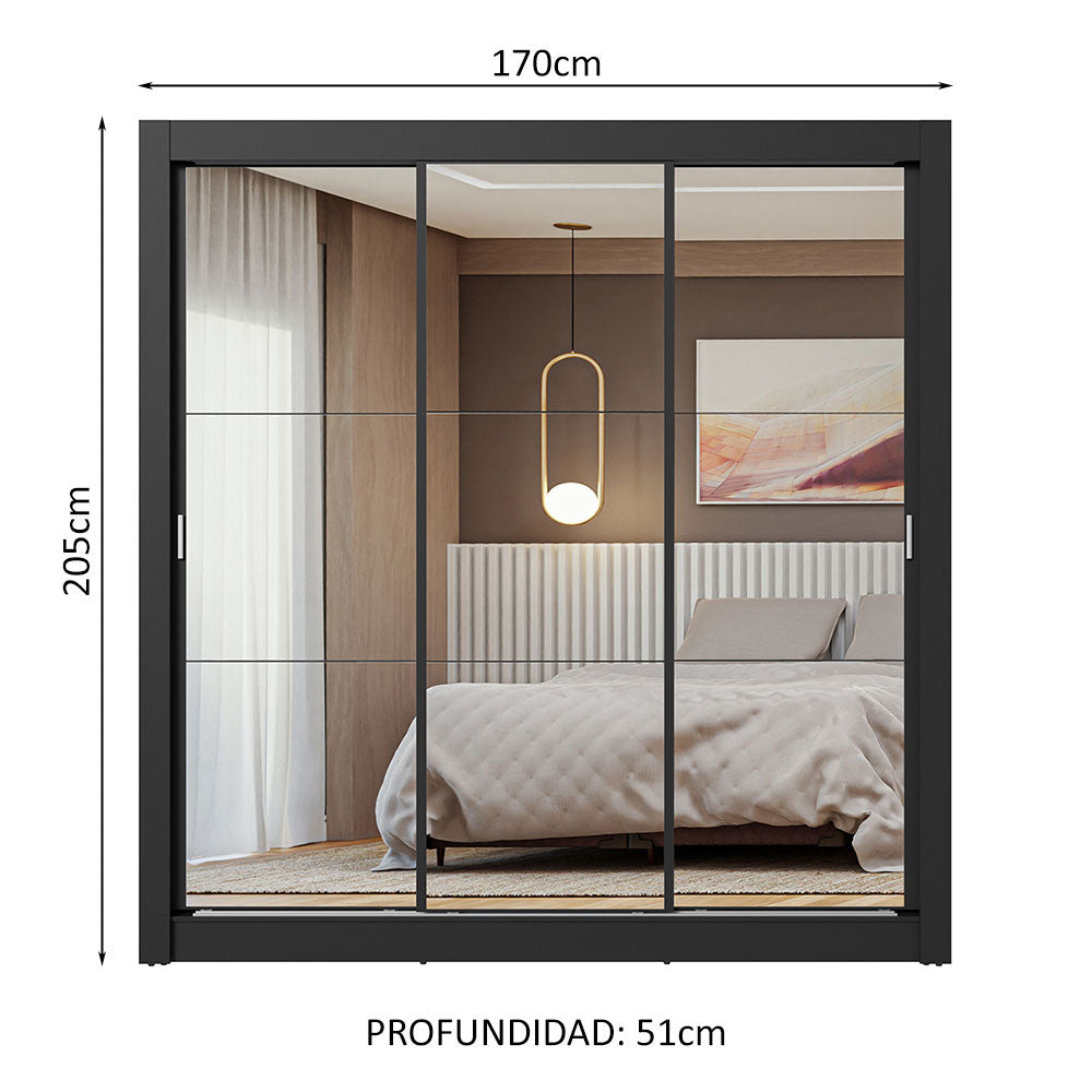 Clóset Matrimonial 3 Puertas Corredizas de Espejo Negro Nobre