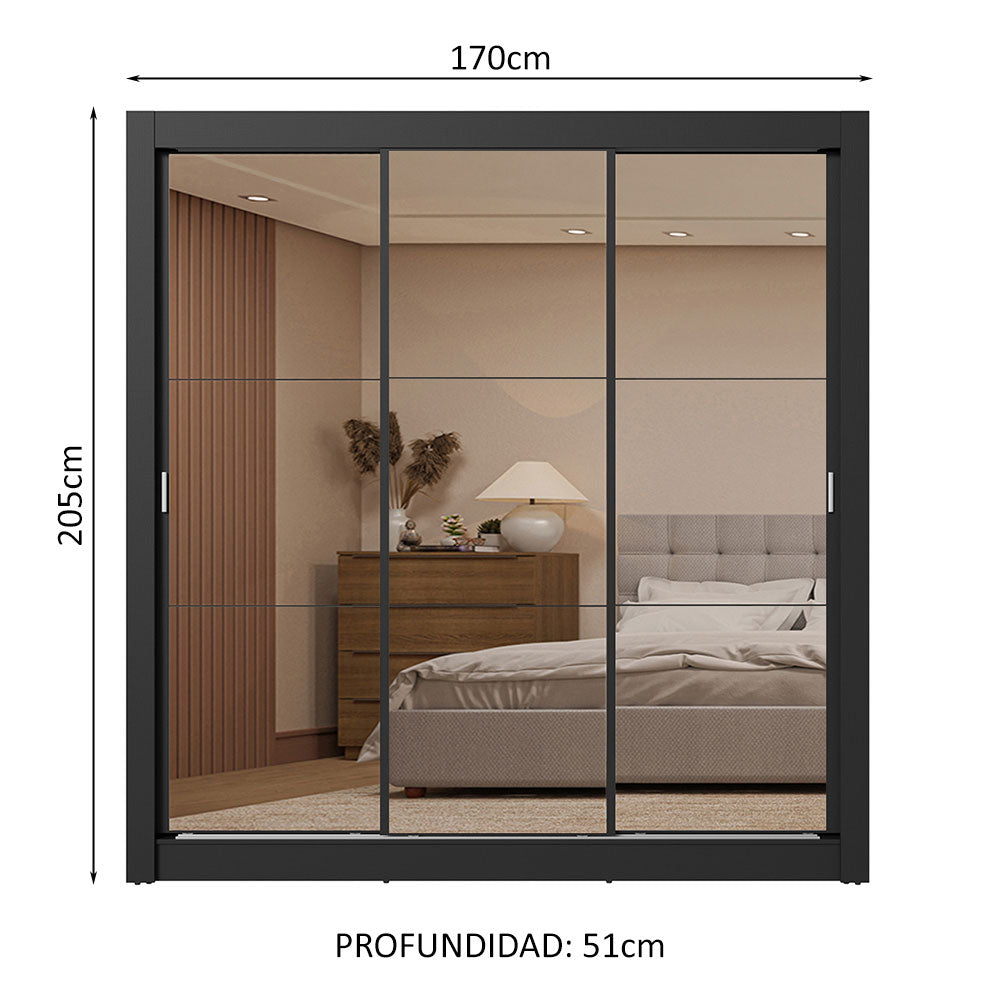 Clóset Matrimonial 3 Puertas Corredizas de Espejo 2 Cajones Negro Sublime
