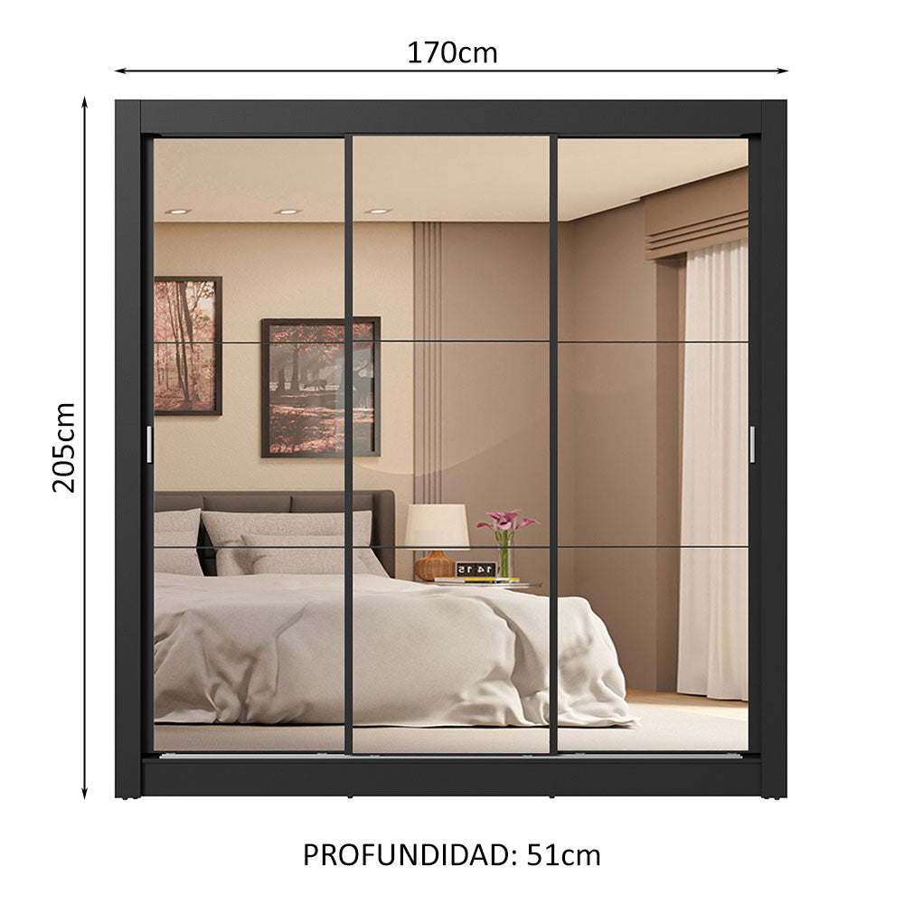 Clóset Matrimonial 3 Puertas Corredizas de Espejo 4 Cajones Negro Sublime Plus