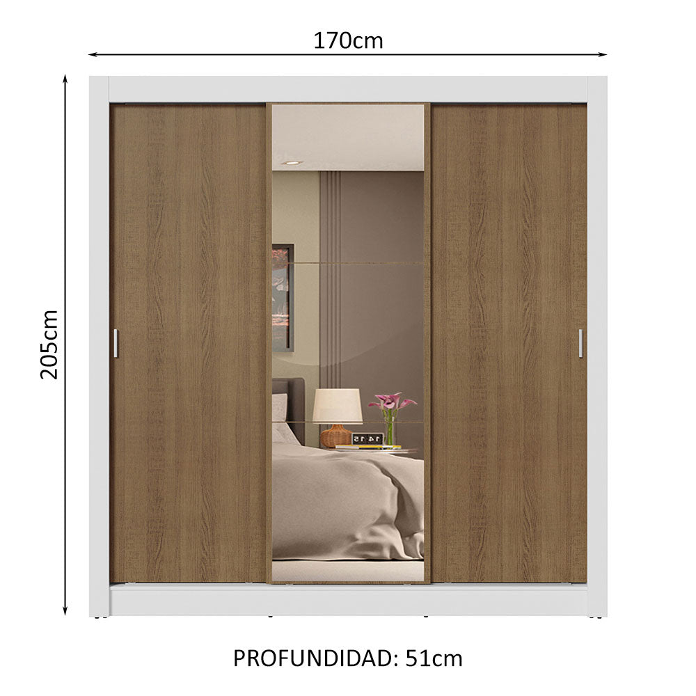 Clóset Matrimonial 3 Puertas Corredizas con Espejo 4 Cajones Blanco/Marrón Sublime Plus