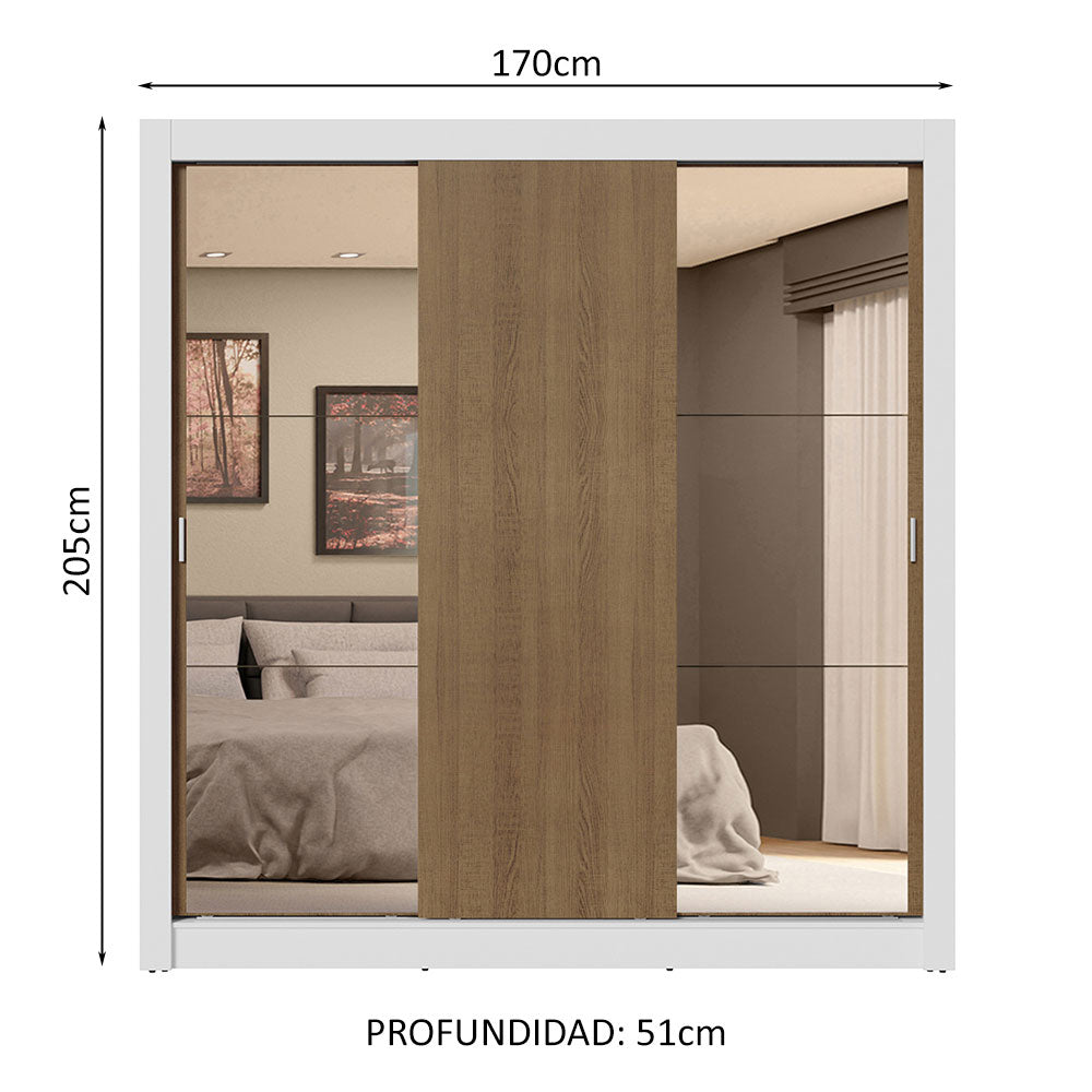 Clóset Matrimonial 3 Puertas Corredizas con Espejos 4 Cajones Blanco/Marrón Sublime Plus
