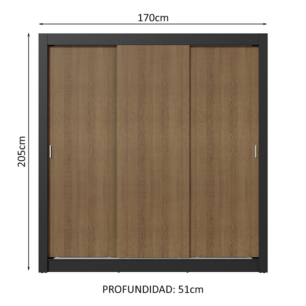 Clóset Matrimonial 3 Puertas Corredizas Negro/Marrón Nobre