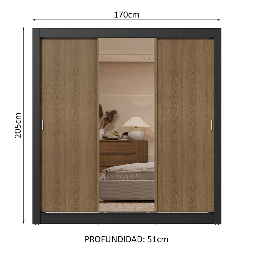 Clóset Matrimonial 3 Puertas Corredizas con Espejo 2 Cajones Negro/Marrón Sublime