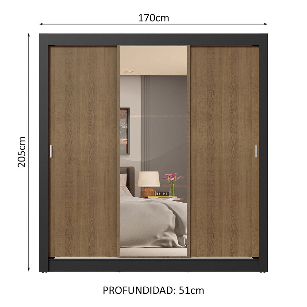 Clóset Matrimonial 3 Puertas Corredizas con Espejo 4 Cajones Negro/Marrón Sublime Plus