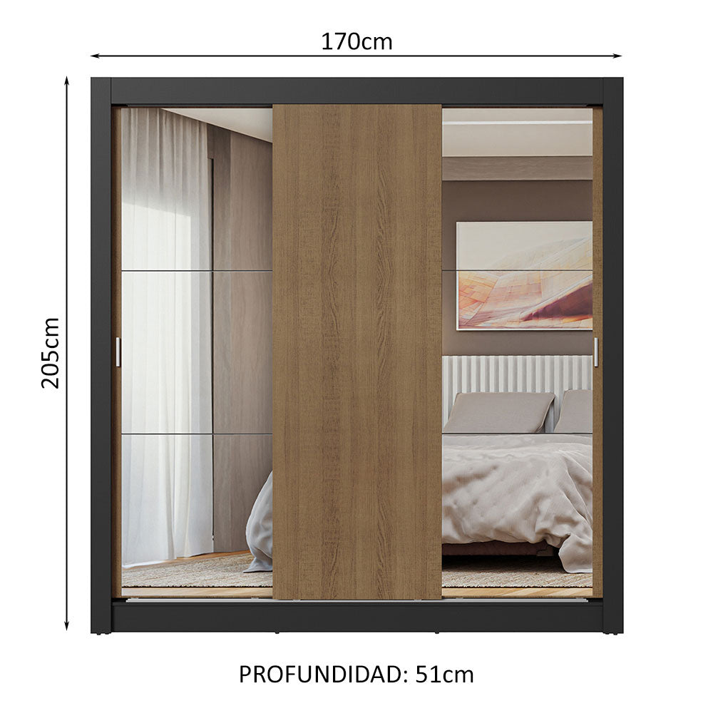 Clóset Matrimonial 3 Puertas Corredizas con Espejos Negro/Marrón Nobre