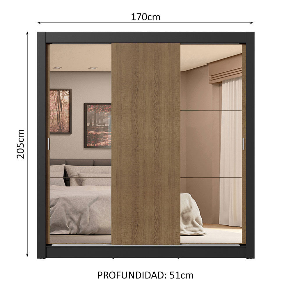 Clóset Matrimonial 3 Puertas Corredizas con Espejos 4 Cajones Negro/Marrón Sublime Plus