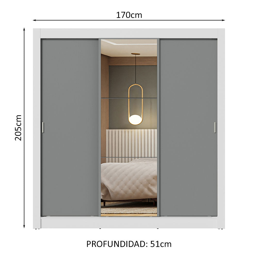 Clóset Matrimonial 3 Puertas Corredizas con Espejo Blanco/Gris Nobre