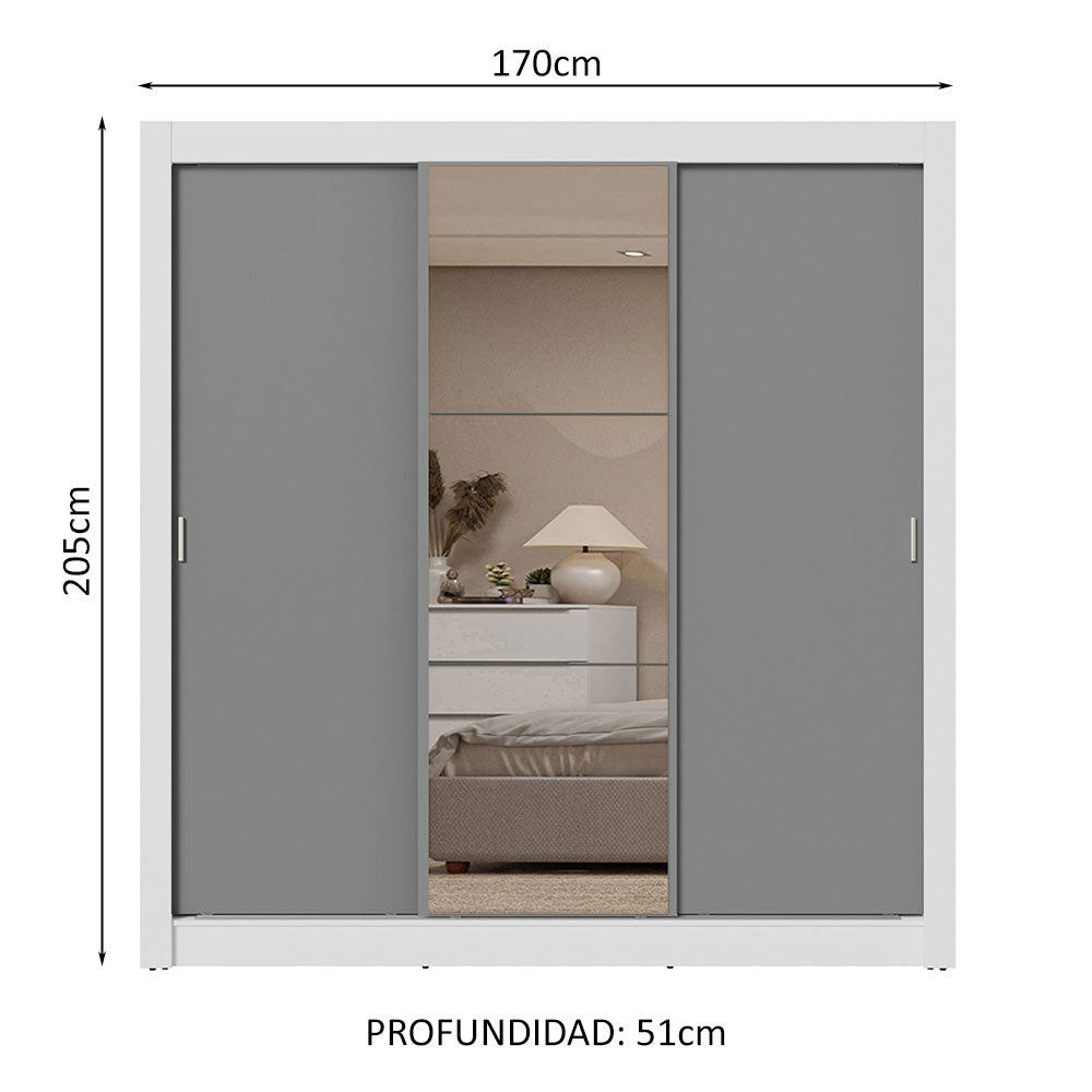 Clóset Matrimonial 3 Puertas Corredizas con Espejos 4 Cajones Blanco/Gris Sublime Plus