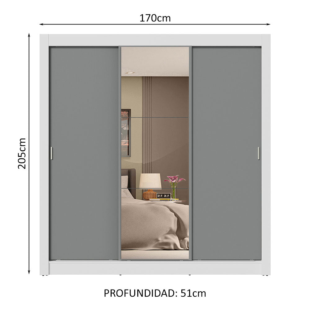 Clóset Matrimonial 3 Puertas Corredizas con Espejo 4 Cajones Blanco/Gris Sublime Plus