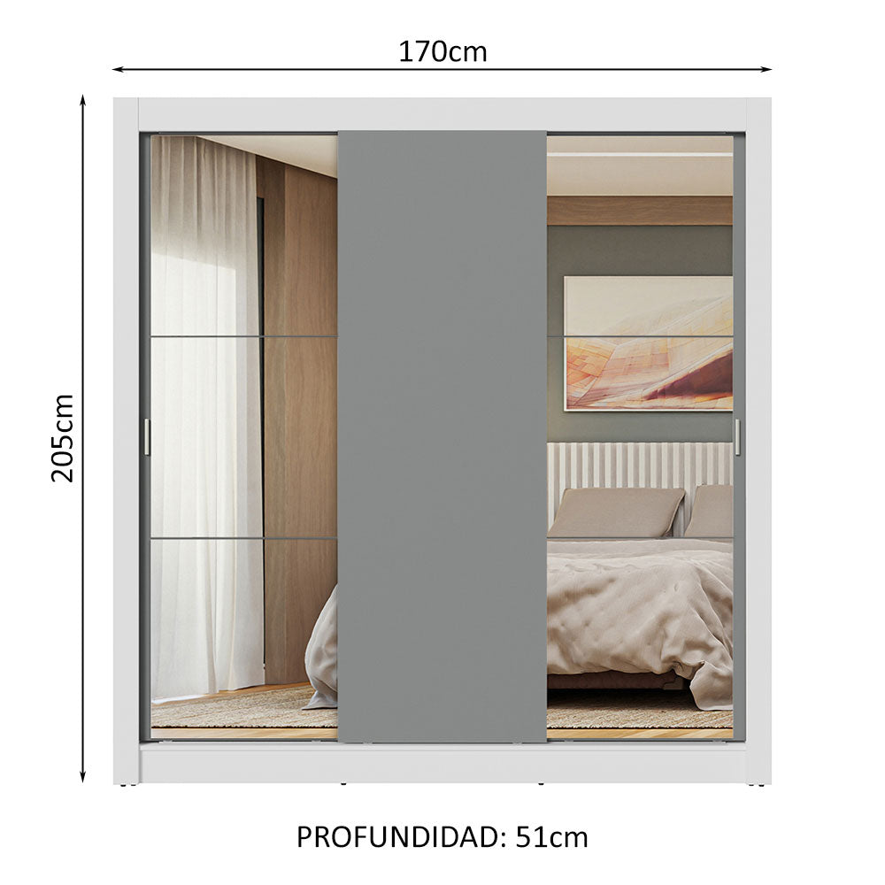 Clóset Matrimonial 3 Puertas Corredizas con Espejo Blanco/Gris Nobre