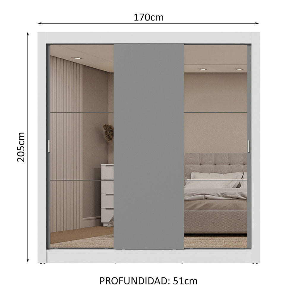 Clóset Matrimonial 3 Puertas Corredizas con Espejo 2 Cajones Blanco/Gris Sublime